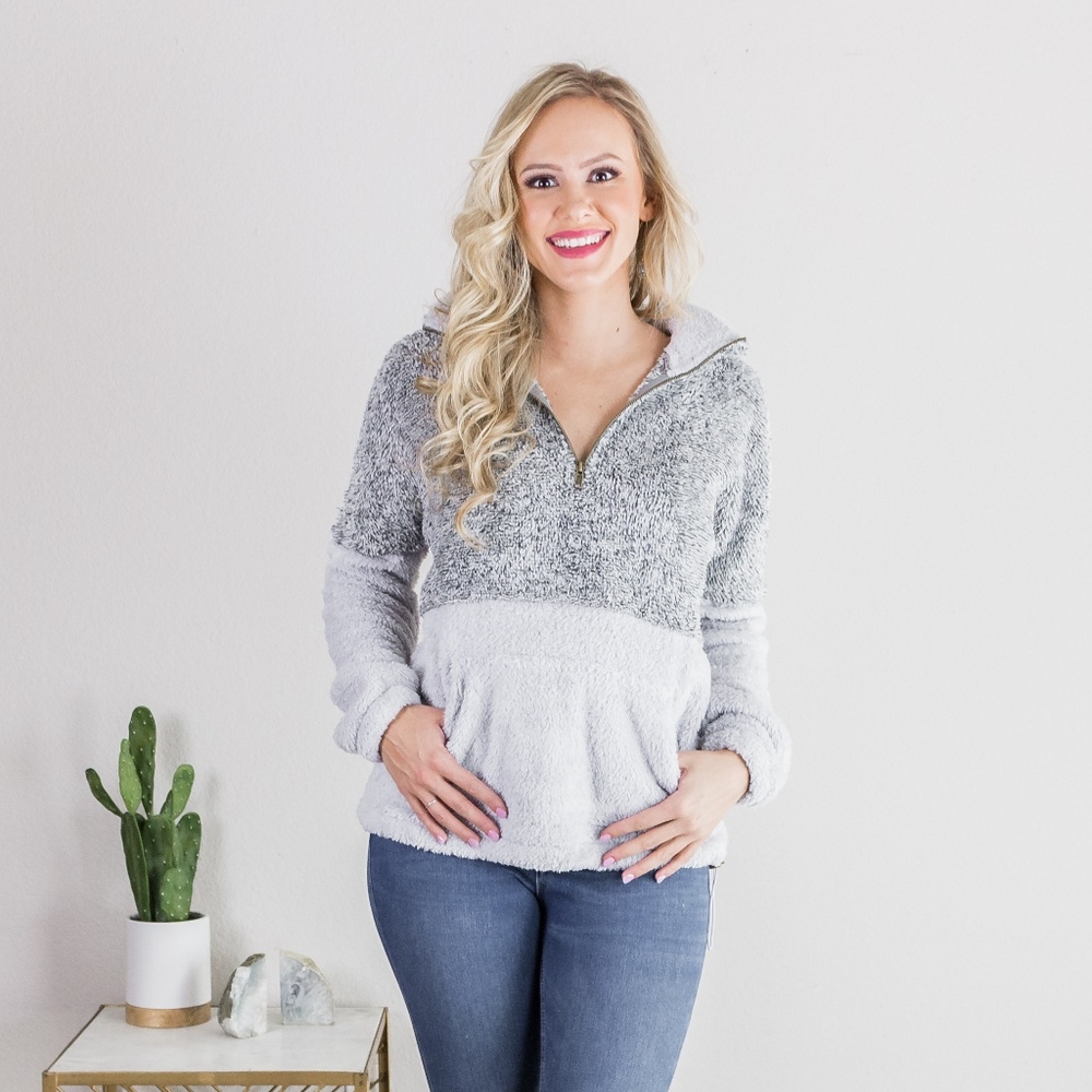 'Block Party' Two Toned Sherpa Pullover - Grey